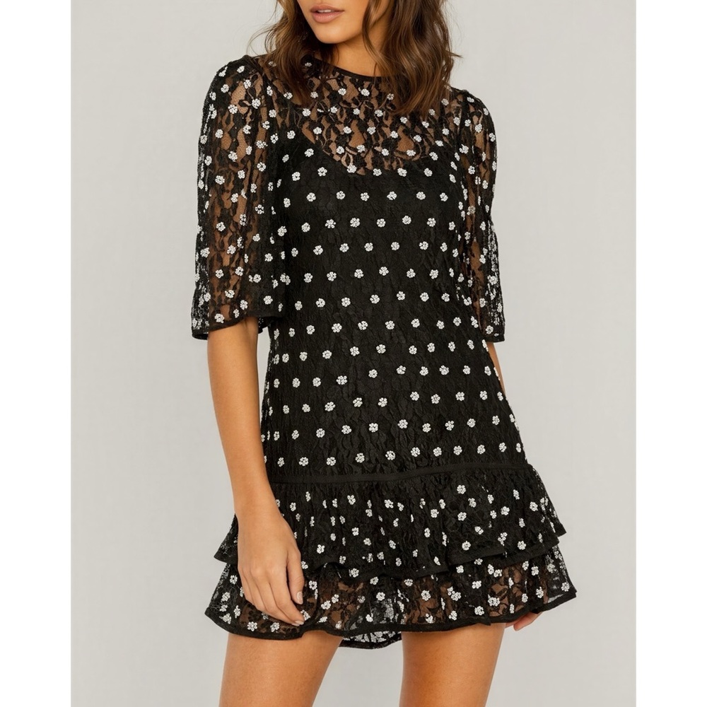 LOVERS + FRIENDS Livia Pearl Trim Mini Dress, Black, XS